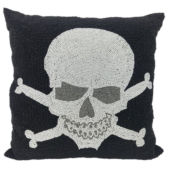 Beaded Skull and Crossbones Accent Throw Pillow Halloween Decor White Black - Picture 1 of 8